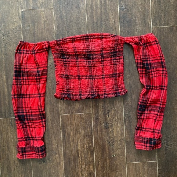 Garage Red and Black Plaid Shoulder-less CropTop size XS - Picture 2 of 10